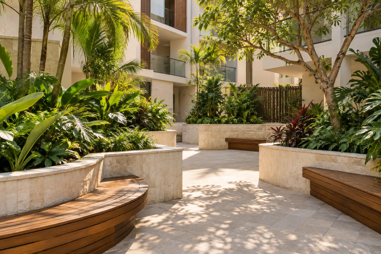 Leafy shared courtyard with timber benches and bright Victoria apartment balconies