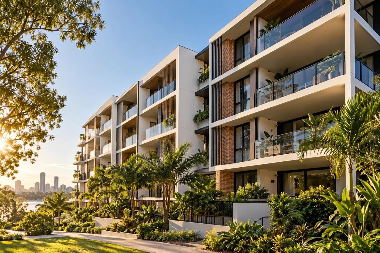 Contemporary Victoria apartment architecture framed by subtropical landscaping